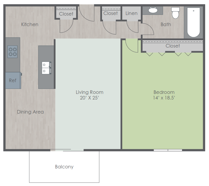 Floor plan for 1 bed, 1 bath, 800 sqft